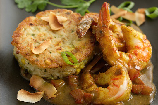 Corn and Herb Risotto Cakes with Shrimp Curry