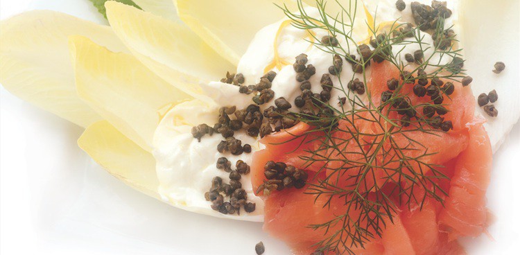 endive leaf nachos with lemon ricotta, smoked salmon, and fried capers