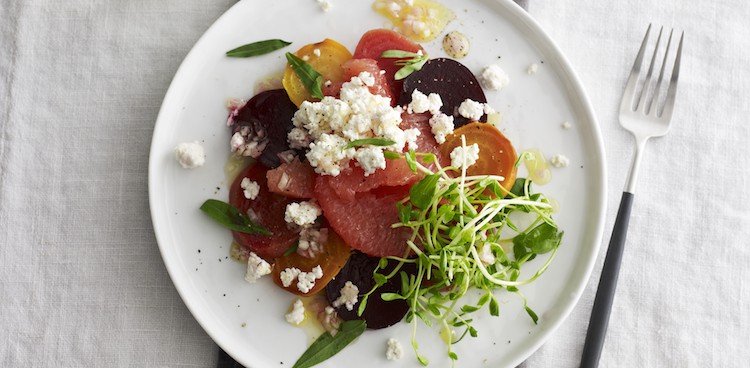 Beet, tarragon, and grapefruit salad with feta