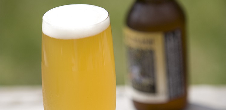 A glass of foam-topped beer sits in the foreground while a bottle sits in the background