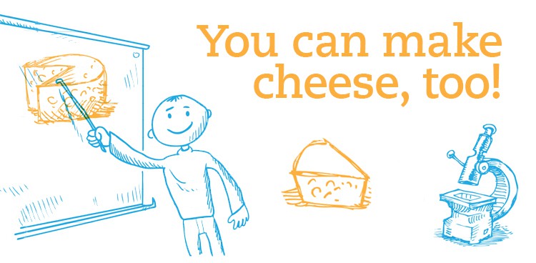 A stick figure points to a diagram of cheese on a cartoon blackboard