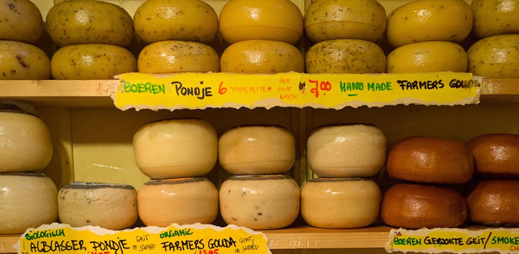 goat's and cow's milk gouda on shelves at Dutch cheese shop