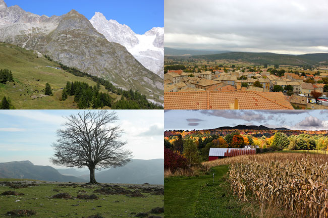 Famous Terroirs: Clockwise from left, The Swiss Alps, Provence, Vermont, and Basque Country!