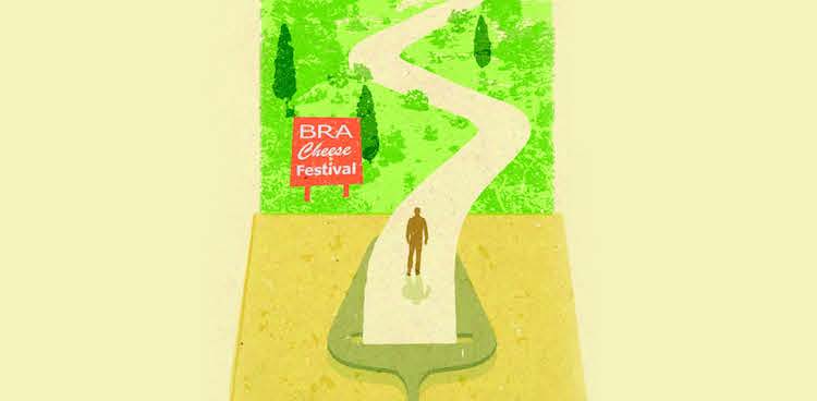 Illustration of a figuring walking down a cheese path towards the BRA Cheese festival