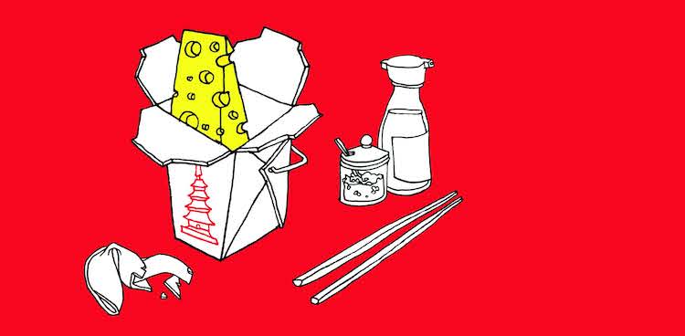 Illustration of cheese coming out of a Chinese takeout container