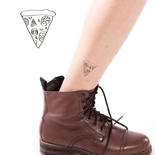 Temporary tattoo of a pizza slice displayed on the ankle