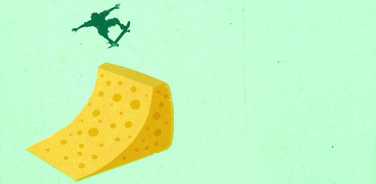 Illustration of a teen doing a jump from a skateboarding ramp made of cheese