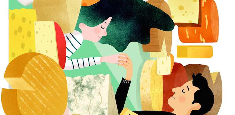 Illustration of a couple dreamily holding hands in the midst of piles of cheese