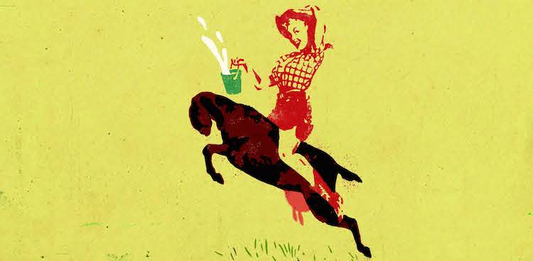 Illustration of a milkmaid or cowgirl with milk pail riding a goat