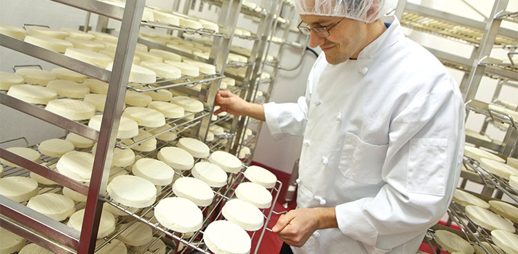 Eric Meredith of Wegmans checks cheeses that are aging in the store's new affinage facility