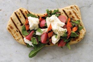 Grilled Herb & Onion Flatbread with Mozzarella, Grilled Carrots, Braised Radishes, & Dandelion Salad