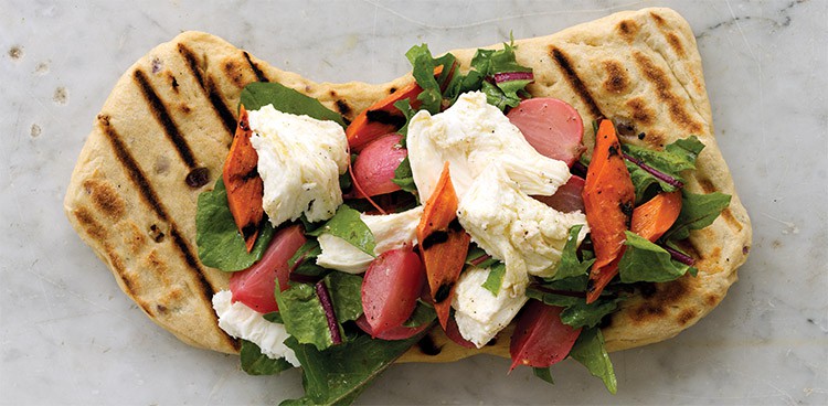 Grilled Herb & Onion Flatbread with Mozzarella, Grilled Carrots, Braised Radishes, & Dandelion Salad