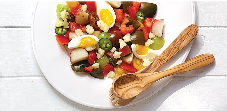 Tomato Salad with Potato, Egg, Manchego, & Anchovy Vinaigrette