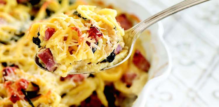baked pasta dish with gorgonzola, ham, swiss chard, and parmesan
