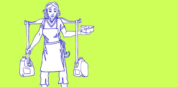 Illustration of a milkmaid carrying two gallons of milk on a yolk