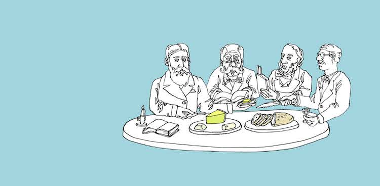 Illustration of men at a table for a cheese club