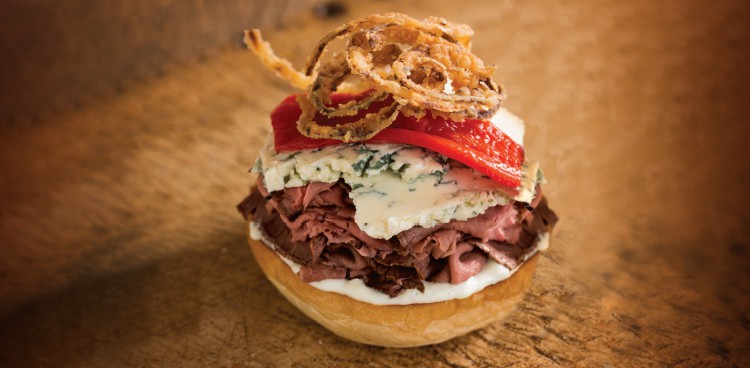 Open-Face Beef and Blue Cheese Sandwich with Crispy Onion Topping