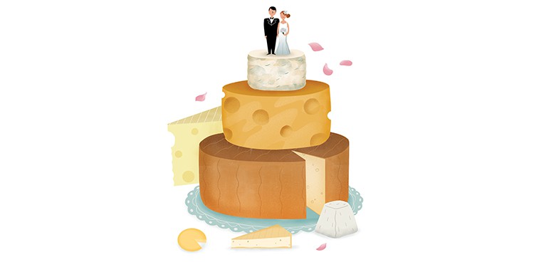 Illustration of a wedding cake made of cheese with bride and groom toppers