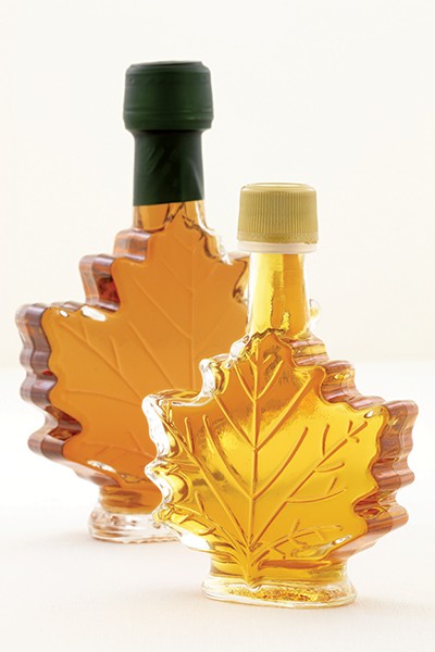 Maple syrup in maple leaf shaped bottles