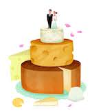 Illustration of a bride and groom topper on a wedding cake made of cheese wheels