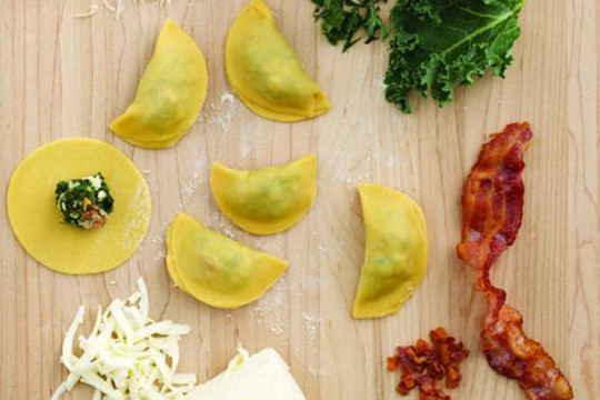 Kale, Asiago, and Bacon Agnolotti with Mushroom Topping