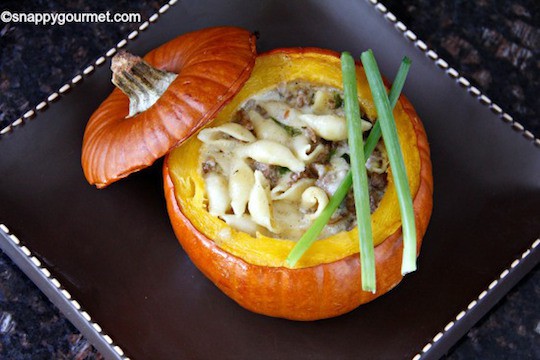 Pumpkin Stuffed with Fontina, Italian Sausage, and Macaroni