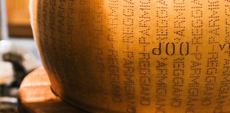 The stamped rind of a wheel of Parmigiano Reggiano cheese