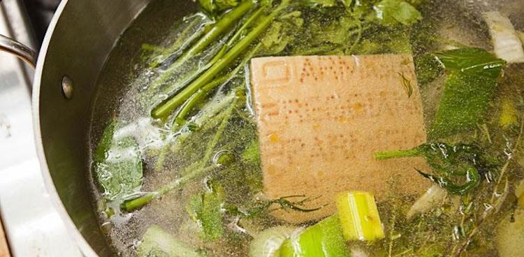 Leftover Parmigiano Reggiano rinds can be used to make vegetarian broth that is full of rich, savory flavor