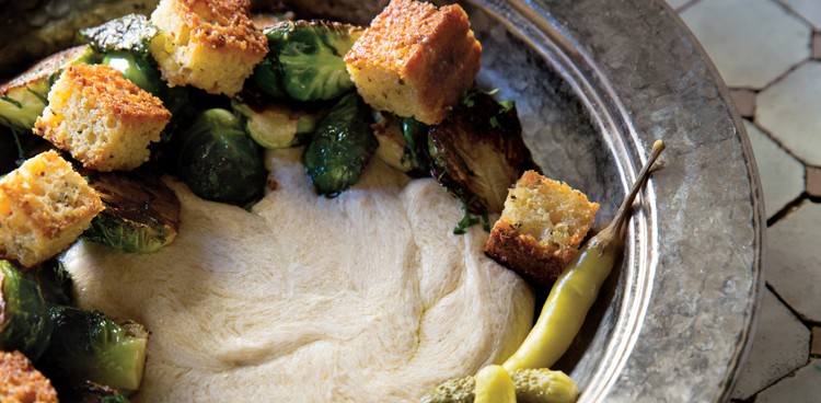 Turkish Cheese Fondue (Muhlama) with Crispy Brussels Sprouts and Cornbread Croutons