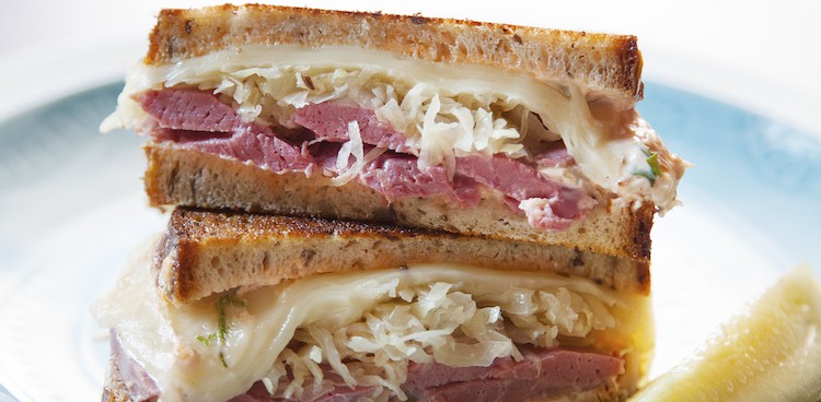 Best Reuben Sandwich with corned beef, sauerkraut, and swiss