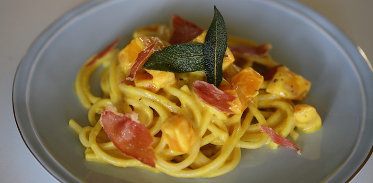 Bucatini Pasta with Butternut Squash and BelGioioso American Grana sauce, topped with Prosciutto and Sage