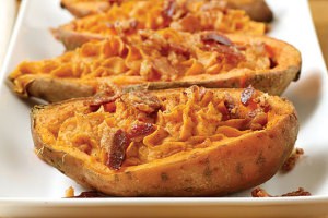 Twice-Baked Sweet Potatoes with Crème Fraîche and Crispy Bacon