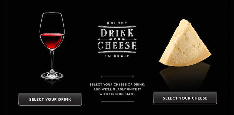 homepage of Cheese Cupid app with cheese and wine pairing