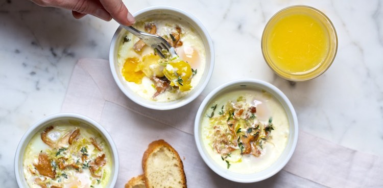Baked Eggs with Goat Cheese, Chanterelle, and Leek