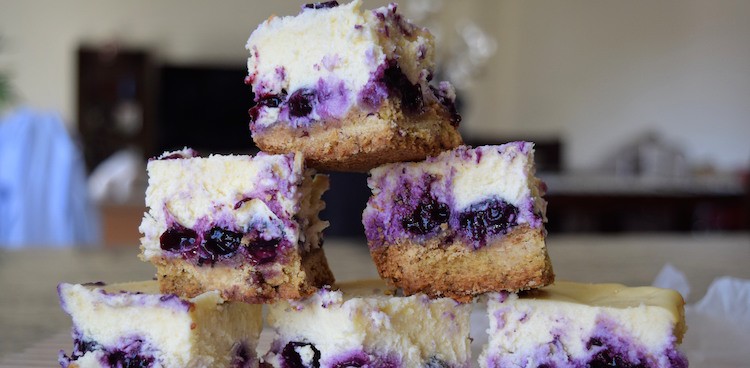 Coach Farm Blueberry Chèvre Cheesecake Squares with Pistachio Shortbread Crust