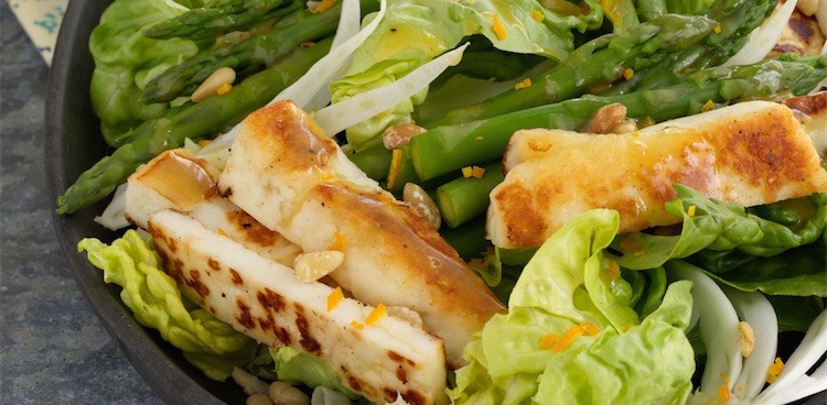 Spring Salad with Asparagus, Halloumi, and Orange-Dijon Vinaigrette