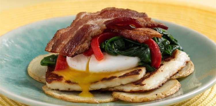 Breakfast Stack with Halloumi, Spinach, Potato, and Roasted Pepper