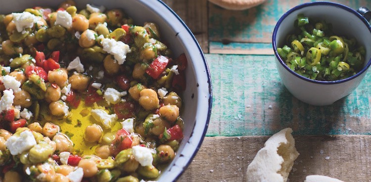 Egyptian Breakfast Beans with Feta, Lemon Oil, and Green Chili Relish