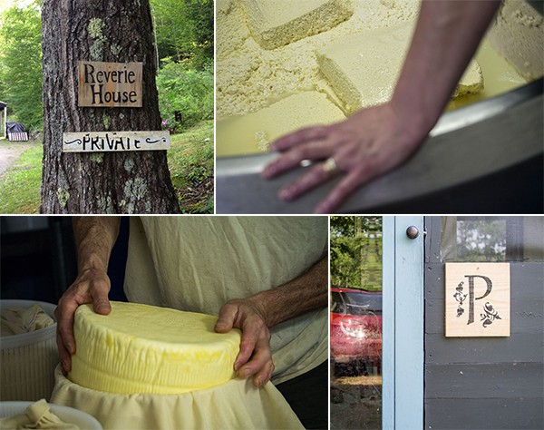 Cheese house sign, rachel leaning on vat, peter with mold, parish logo
