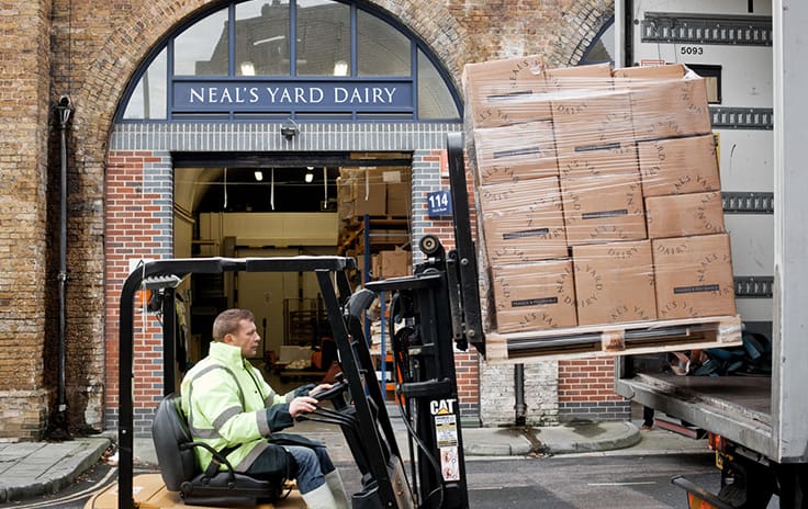 A pallet of cheese leaves the maturation facility for restaurants and shops around the world at Neal's Yard Dairy.