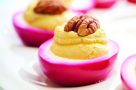 Beet-Pickled Deviled Eggs with Chèvre