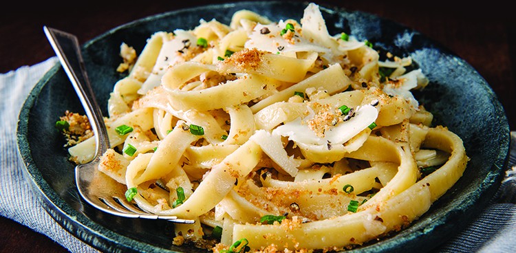 Fettuccine with brown butter, walnuts, and shaved goat cheese
