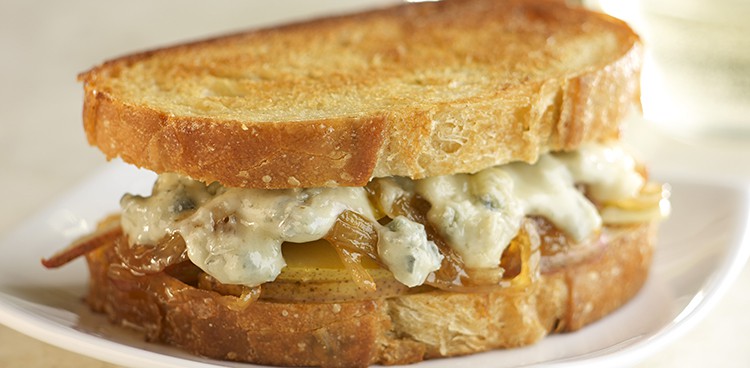 Pear and Fried Onion Grilled Cheese with Belgioioso’s Gorgonzola
