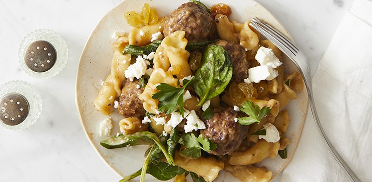 campanelle with mini lamb meatballs, greens, and gravy. photograph by Evi Abeler
