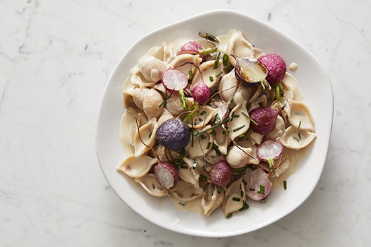 Whole Wheat Shells with Tahini, Radishes, and Chives. Photograph by Evi Abeler