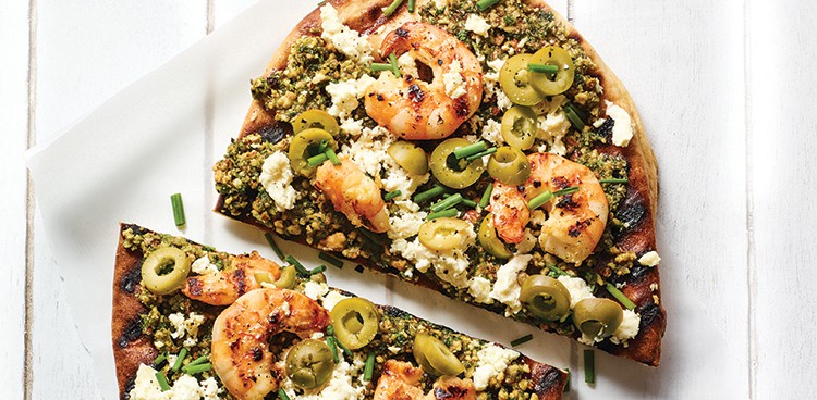 lemony shrimp and mixed-herb pesto flatbreads