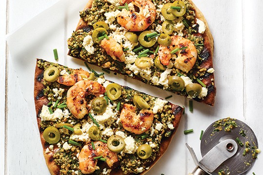 lemony shrimp and mixed-herb pesto flatbreads