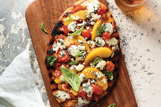 tomato-peach flatbreads with blue cheese and basil