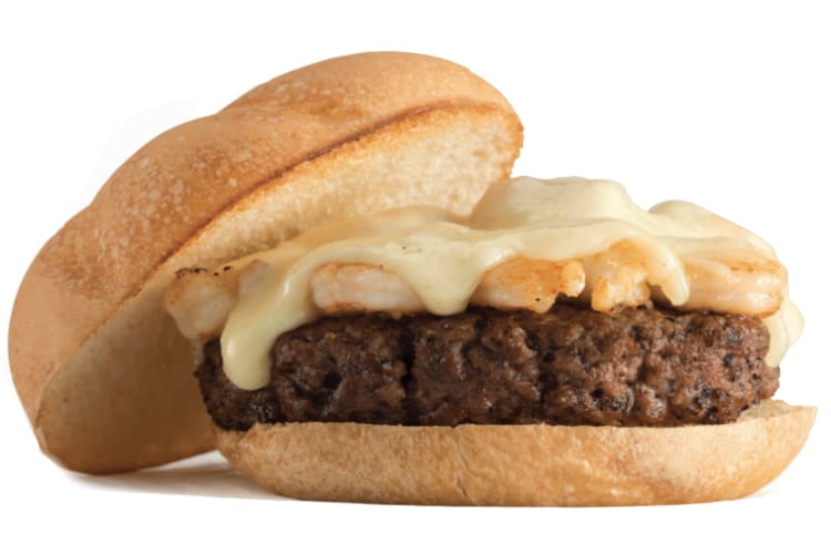 burger topped with cheese and shrimp