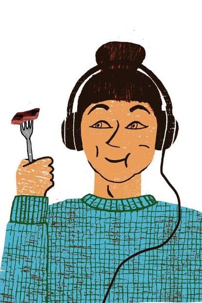 illustration of woman with headphones eating steak 